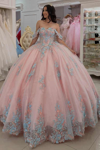 Off Shoulder Lace Appliqued Pink Quinceanera Dresses Sweet 16 Celebration Gowns HE1710