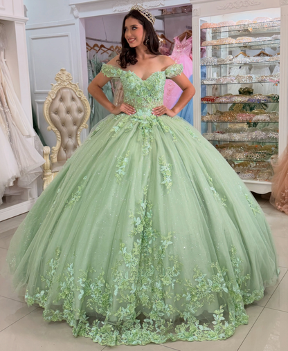 Vestidos de quinceañera con hombros descubiertos, tul princesa, apliques, vestidos de quinceañera HE530