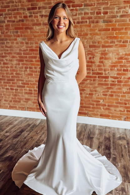 Mermaid Satin V Neck Wedding Dresses Boho Plus Size Bridal Wedding Gowns HE1787