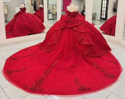 Off Shoulder Tulle Appliqued Quinceanera Dresses Ball Gown Red Sweet 16 Party Gowns HE1815