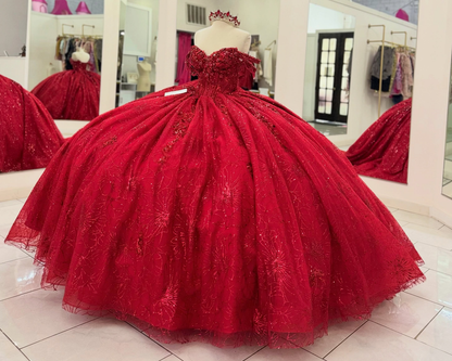 Off Shoulder Tulle Appliqued Quinceanera Dresses Ball Gown Red Sweet 16 Party Gowns HE1815