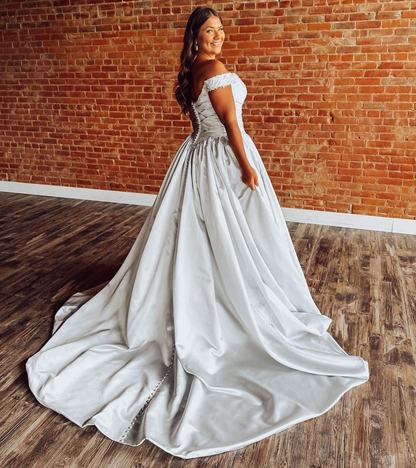 Off Shoulder Satin Wedding Dresses A Line Appliqued Beaded Bridal Wedding Gowns HE1782