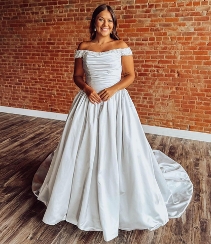 Off Shoulder Satin Wedding Dresses A Line Appliqued Beaded Bridal Wedding Gowns HE1782