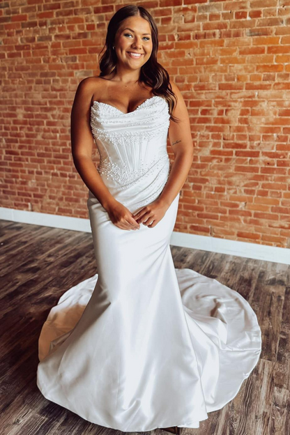 Mermaid Satin Wedding Dresses for Bride Sweetheart Pleated Beaded Wedding Gown HE1786