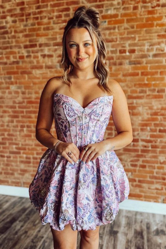A Line Floral Print Homecoming Dresses Sweetheart Corset Cocktail Party Gowns for Women HE1771