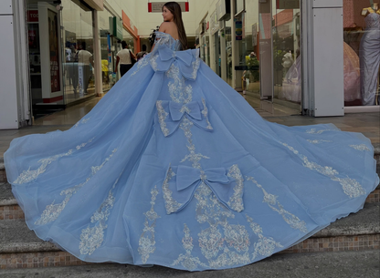Sky Blue Quinceanera Dresses Off Shoulder Lace Appliqued Sweet 16 Party Gowns HE1936