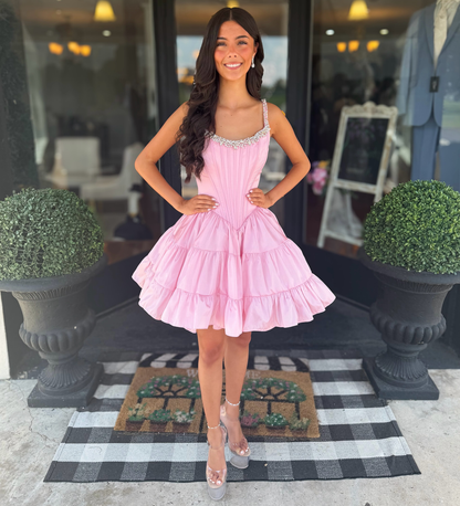 Satin A Line Homecoming Dresses Knee Length Party Gowns Corset Cocktail Dress HE1769