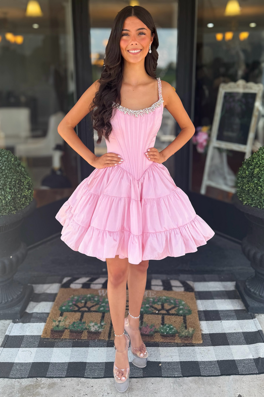 Satin A Line Homecoming Dresses Knee Length Party Gowns Corset Cocktail Dress HE1769