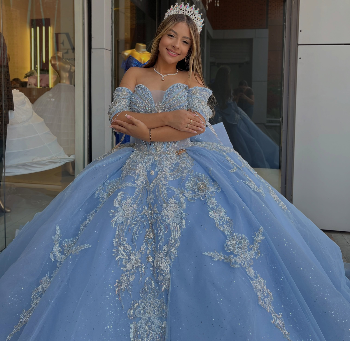 Sky Blue Quinceanera Dresses Off Shoulder Lace Appliqued Sweet 16 Party Gowns HE1936