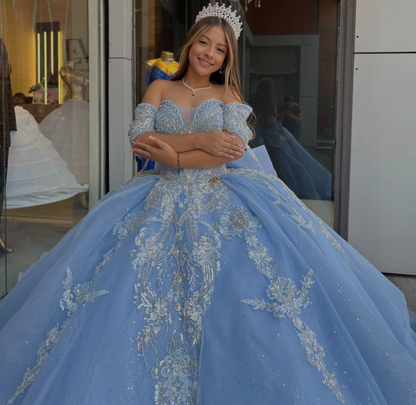 Sky Blue Quinceanera Dresses Off Shoulder Lace Appliqued Sweet 16 Party Gowns HE1936