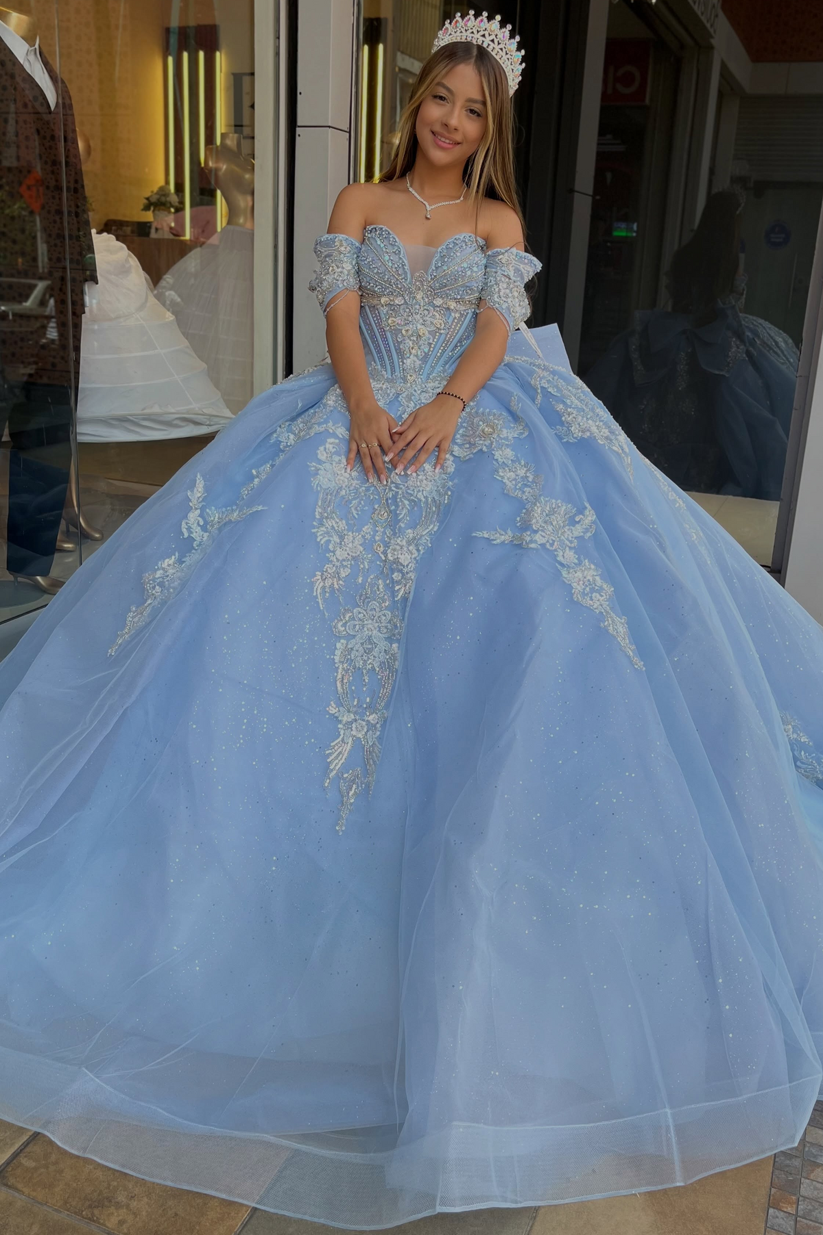 Sky Blue Quinceanera Dresses Off Shoulder Lace Appliqued Sweet 16 Party Gowns HE1936