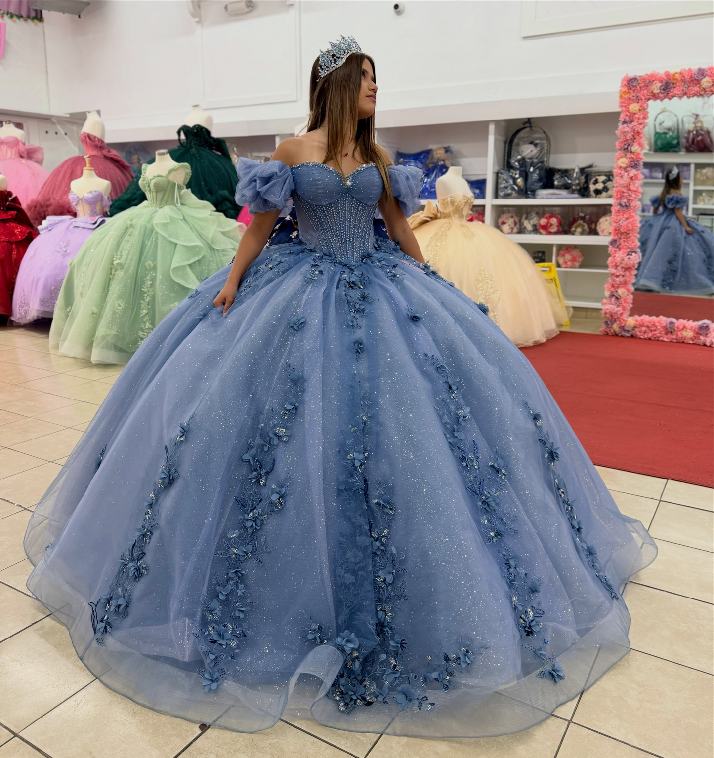 Princess Tulle Lace Appliqued Quinceanera Dresses Off Shoulder Party Gowns HE1818