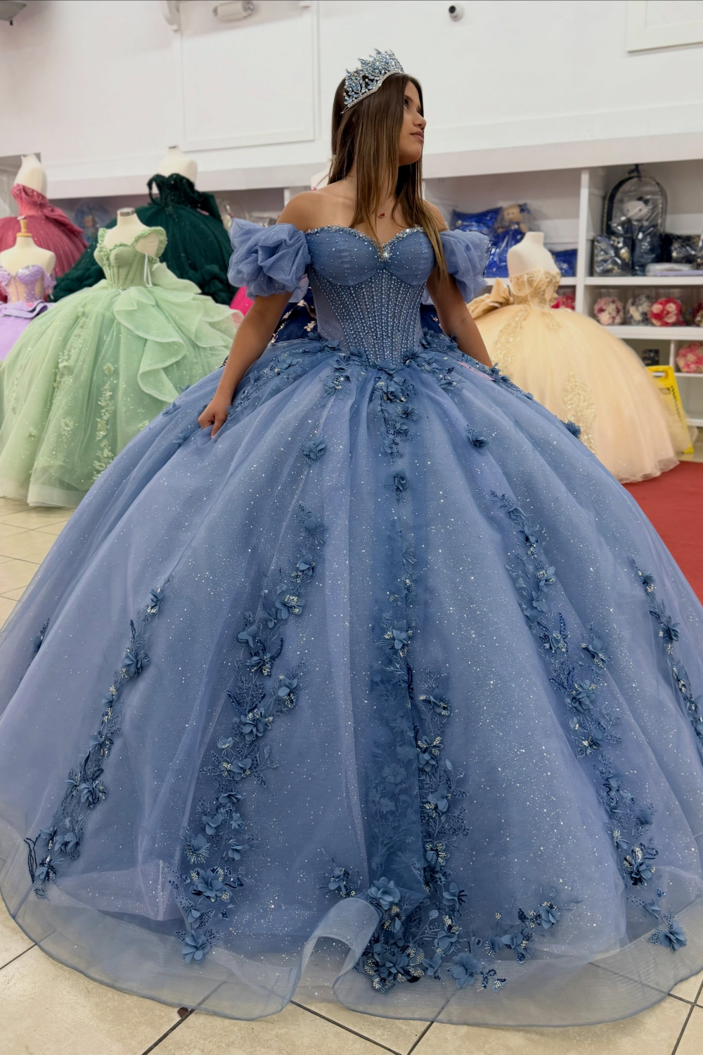 Princess Tulle Lace Appliqued Quinceanera Dresses Off Shoulder Party Gowns HE1818