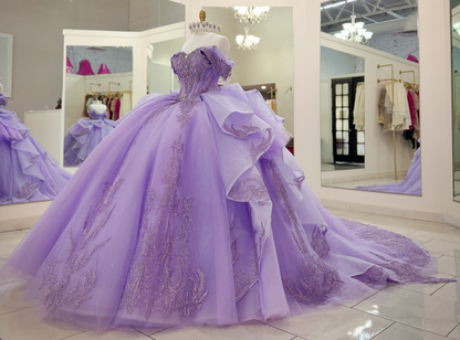 Vestidos de quinceañera con hombros descubiertos, tul princesa, apliques, vestidos de quinceañera HE530