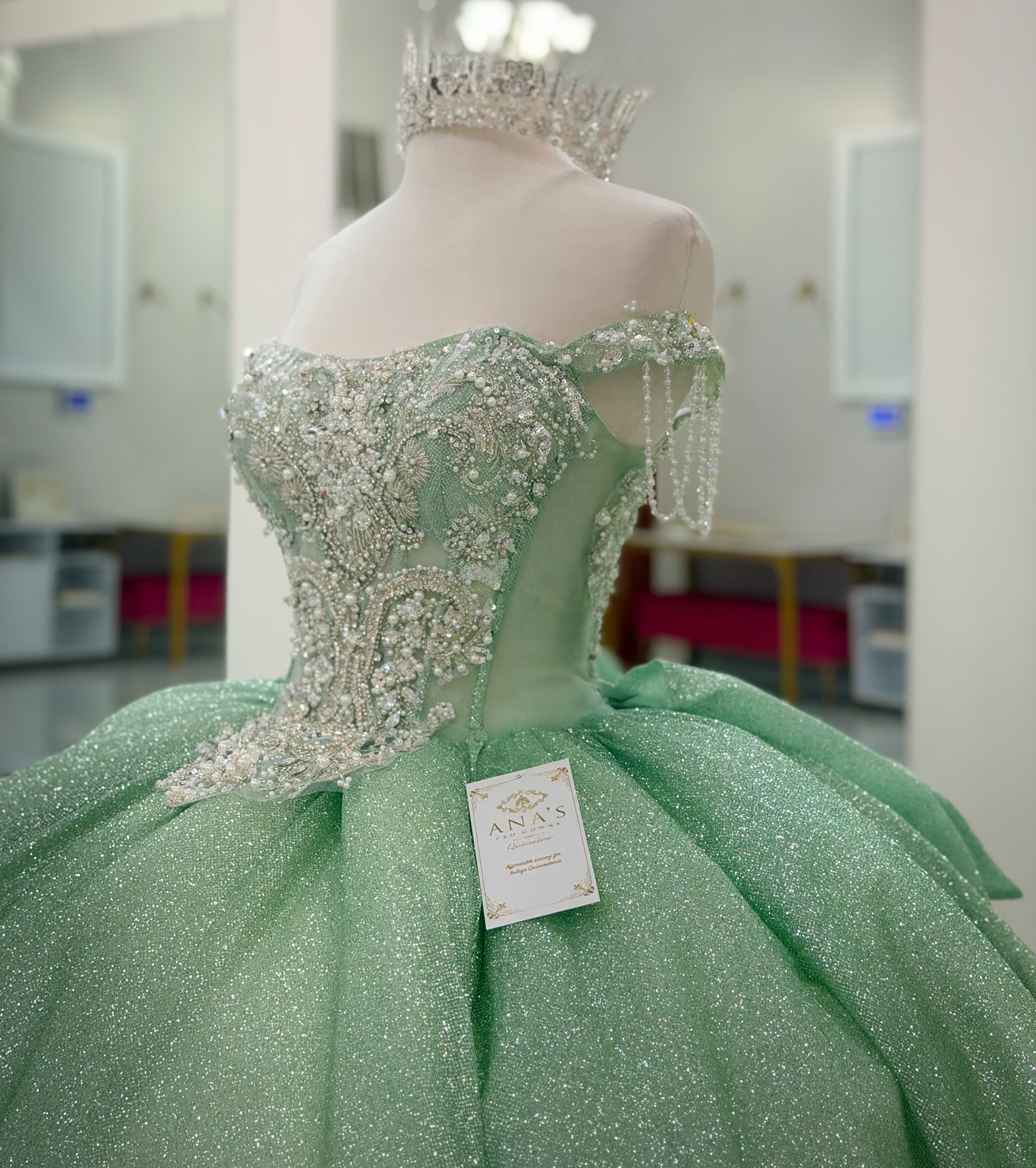 Glittery Tulle Sweet 16 Quinceanera Dresses Off Shoulder Green Party Gowns HE1822