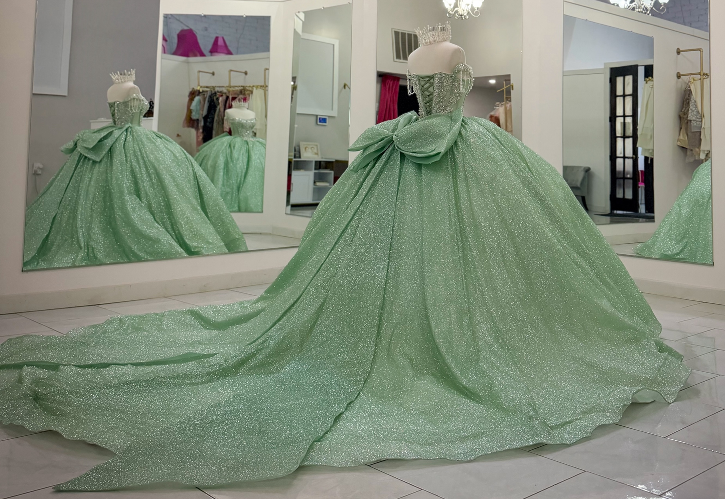 Glittery Tulle Sweet 16 Quinceanera Dresses Off Shoulder Green Party Gowns HE1822