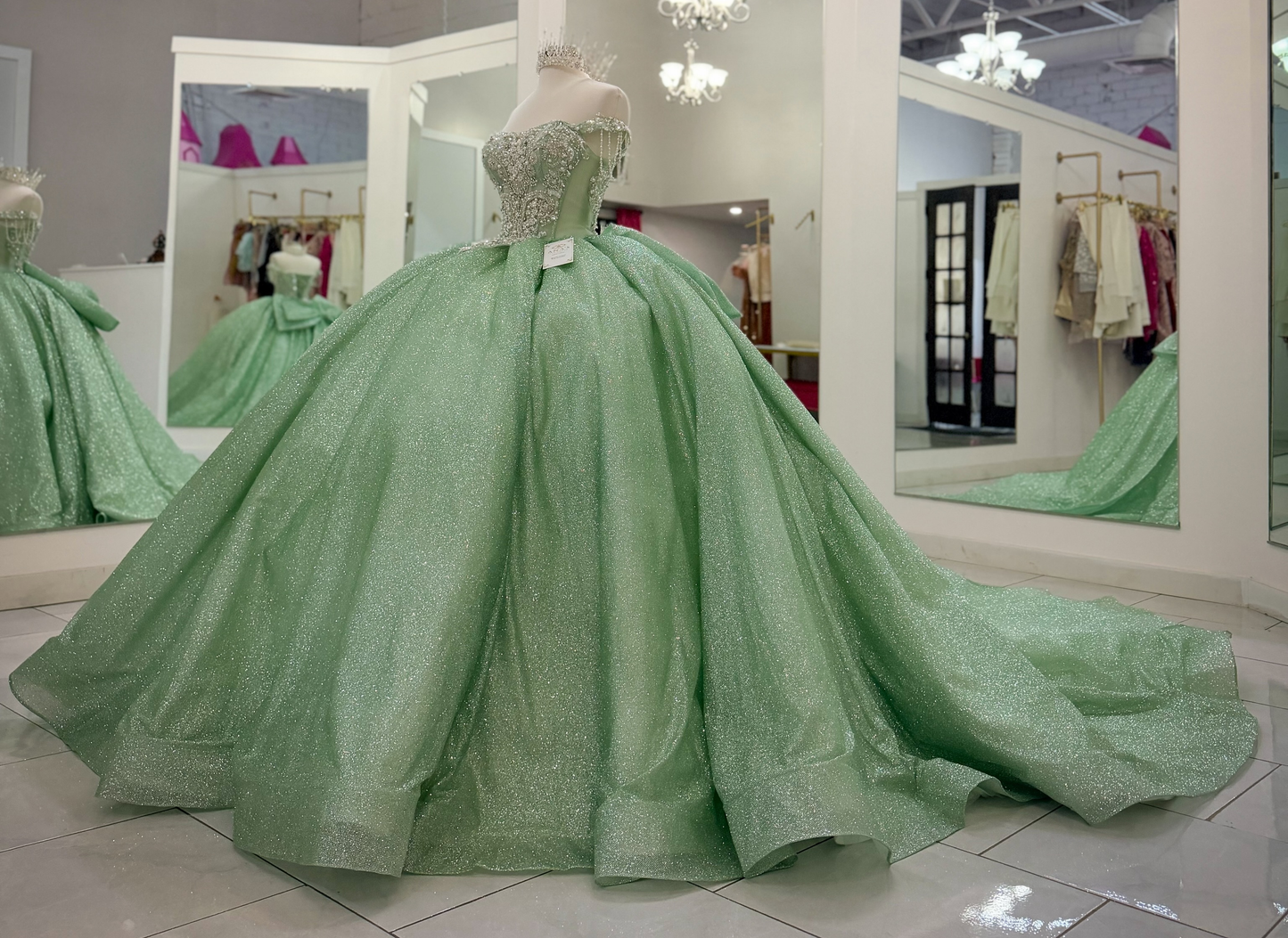 Glittery Tulle Sweet 16 Quinceanera Dresses Off Shoulder Green Party Gowns HE1822