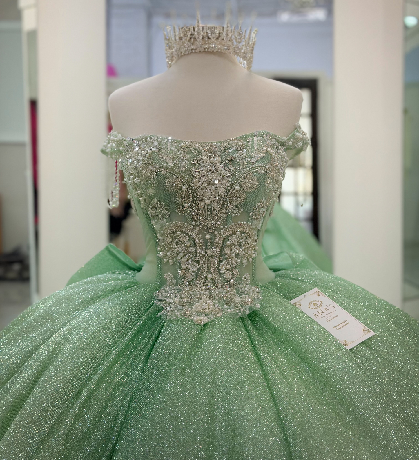 Glittery Tulle Sweet 16 Quinceanera Dresses Off Shoulder Green Party Gowns HE1822