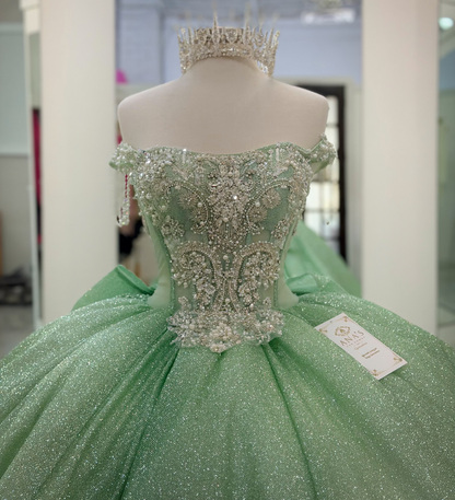 Glittery Tulle Sweet 16 Quinceanera Dresses Off Shoulder Green Party Gowns HE1822