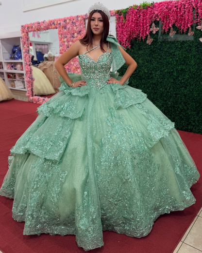 Luxury Lace Crystal Beaded Green Quinceanera Dresses for Sweet 16 Birthday Party HE1827