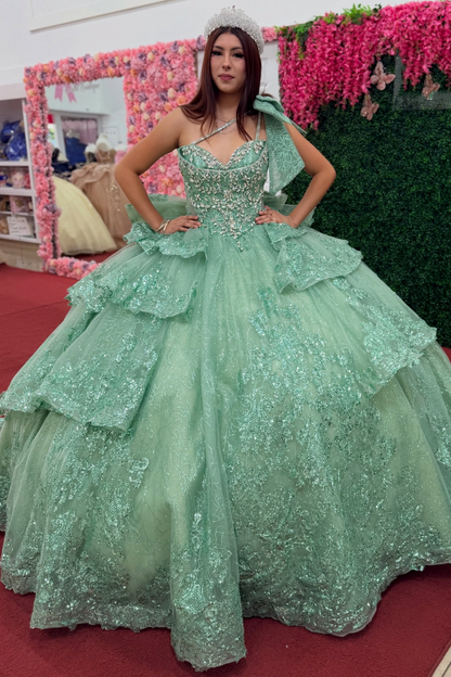 Luxury Lace Crystal Beaded Green Quinceanera Dresses for Sweet 16 Birthday Party HE1827