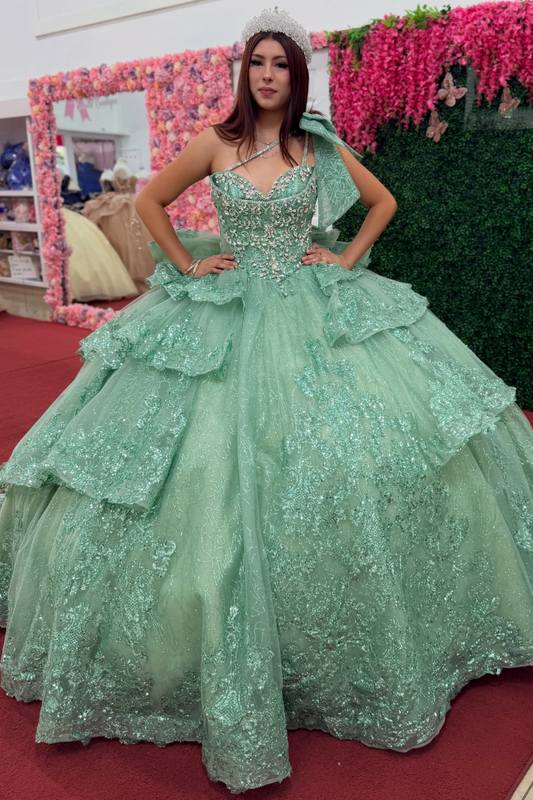 Luxury Lace Crystal Beaded Green Quinceanera Dresses for Sweet 16 Birthday Party HE1827