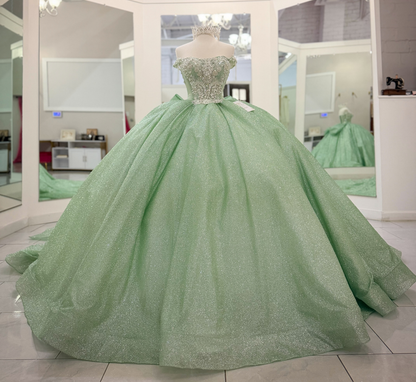 Glittery Tulle Sweet 16 Quinceanera Dresses Off Shoulder Green Party Gowns HE1822