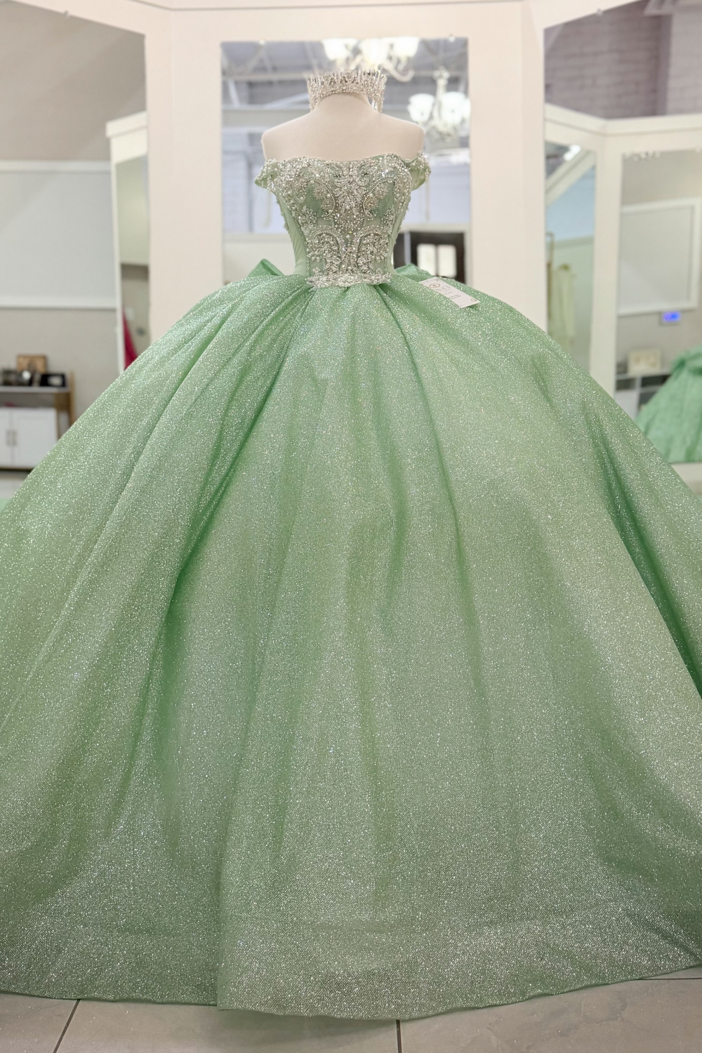 Glittery Tulle Sweet 16 Quinceanera Dresses Off Shoulder Green Party Gowns HE1822