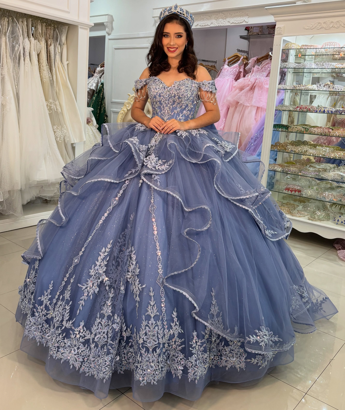 Off Shoulder Blue Quinceanera Dresses Lace Appliqued Tulle Sweet 16 Birthday Dress HE1829