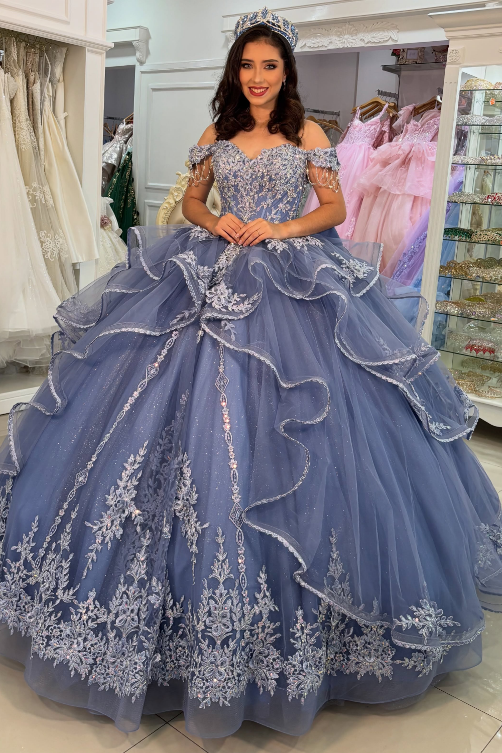 Off Shoulder Blue Quinceanera Dresses Lace Appliqued Tulle Sweet 16 Birthday Dress HE1829