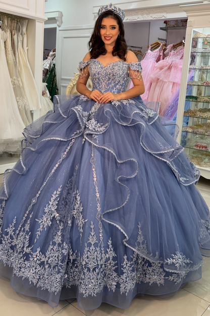 Off Shoulder Blue Quinceanera Dresses Lace Appliqued Tulle Sweet 16 Birthday Dress HE1829