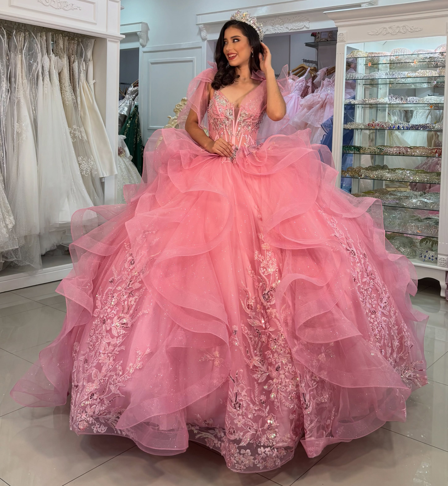 Ball Gown V Neck Pink Quinceanera Dresses Tulle Ruffled Sweet 16 Party Gowns HE1831