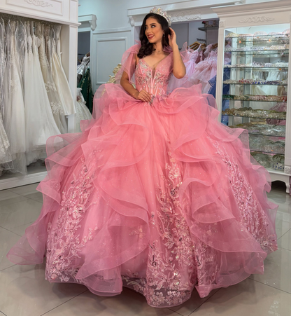 Ball Gown V Neck Pink Quinceanera Dresses Tulle Ruffled Sweet 16 Party Gowns HE1831