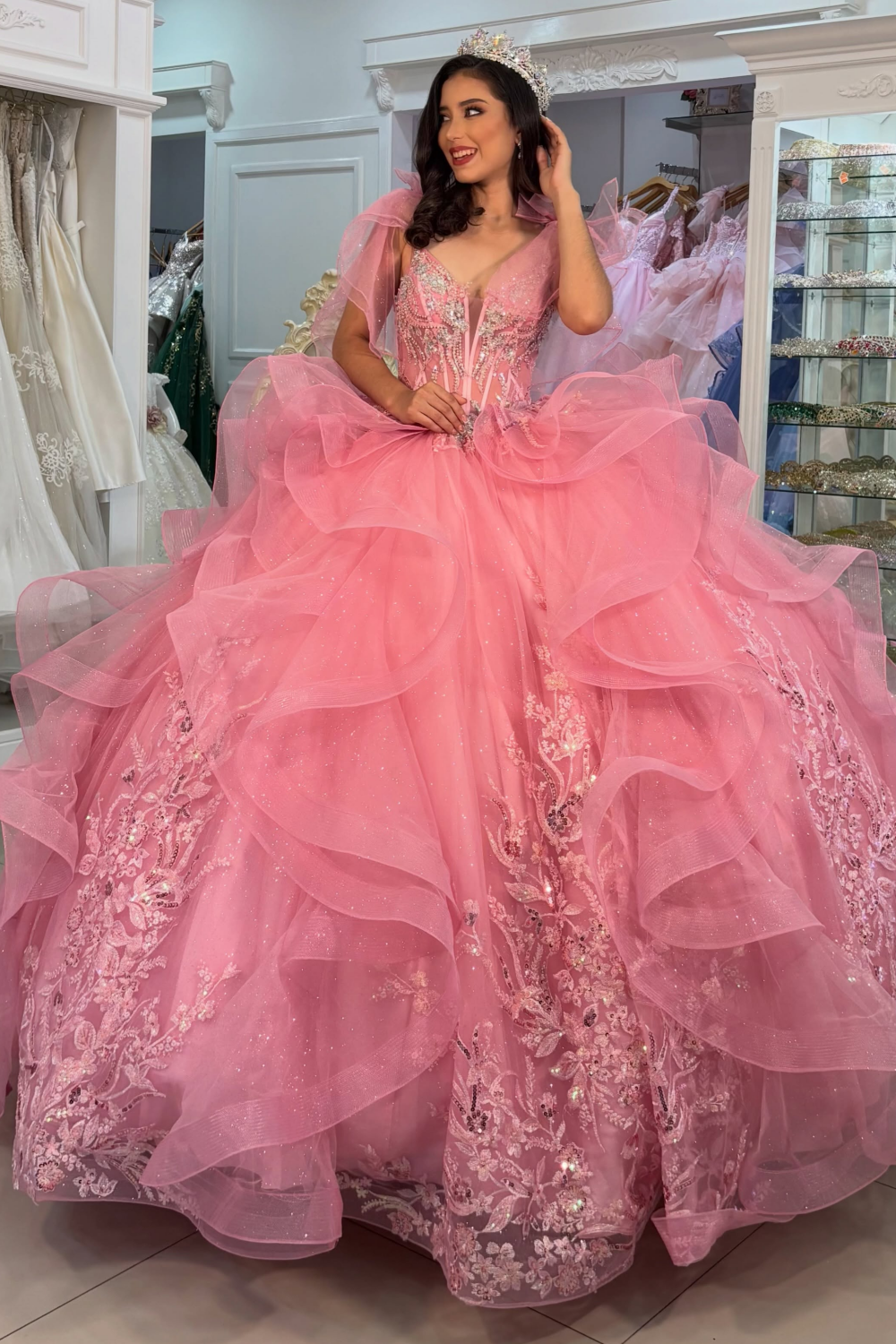 Ball Gown V Neck Pink Quinceanera Dresses Tulle Ruffled Sweet 16 Party Gowns HE1831