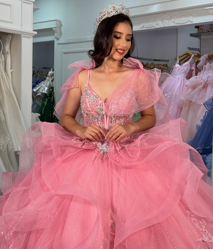 Ball Gown V Neck Pink Quinceanera Dresses Tulle Ruffled Sweet 16 Party Gowns HE1831