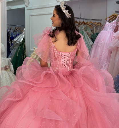 Ball Gown V Neck Pink Quinceanera Dresses Tulle Ruffled Sweet 16 Party Gowns HE1831