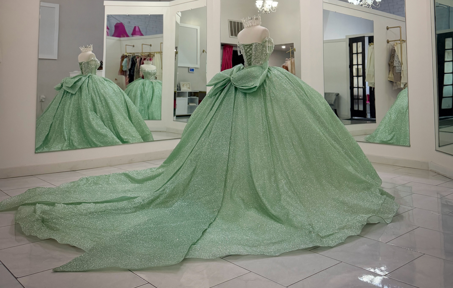 Glittery Tulle Sweet 16 Quinceanera Dresses Off Shoulder Green Party Gowns HE1822