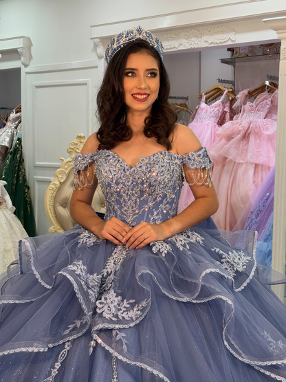 Off Shoulder Blue Quinceanera Dresses Lace Appliqued Tulle Sweet 16 Birthday Dress HE1829