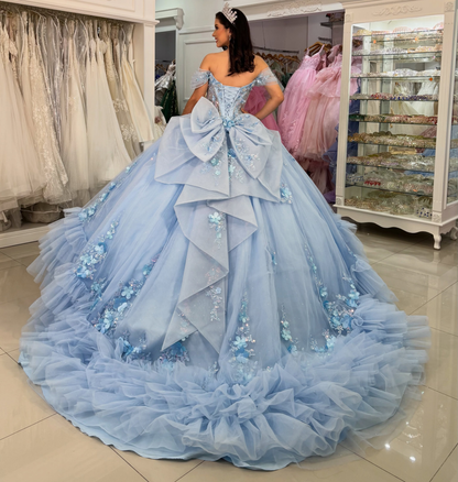 Off Shoulder Tulle 3D Flower Blue Quinceanera Dresses Sweet 16 Party Gowns with Ruffled HE1830