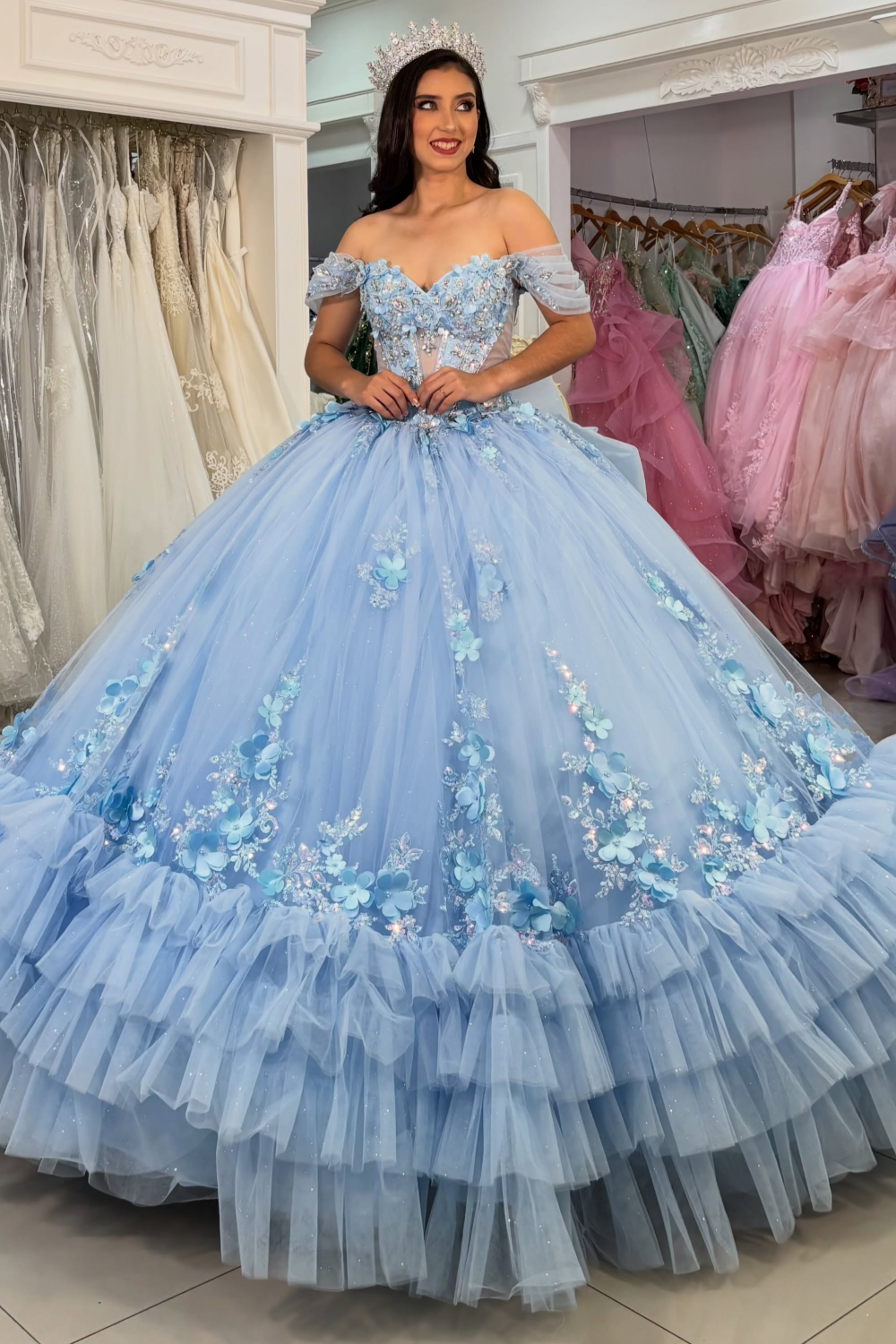 Off Shoulder Tulle 3D Flower Blue Quinceanera Dresses Sweet 16 Party Gowns with Ruffled HE1830