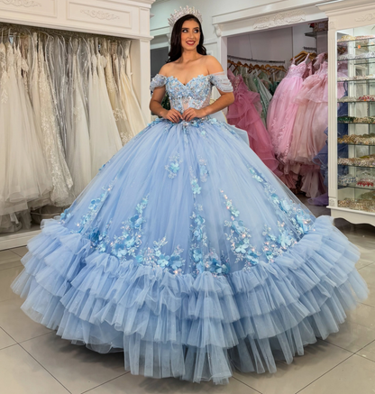 Off Shoulder Tulle 3D Flower Blue Quinceanera Dresses Sweet 16 Party Gowns with Ruffled HE1830