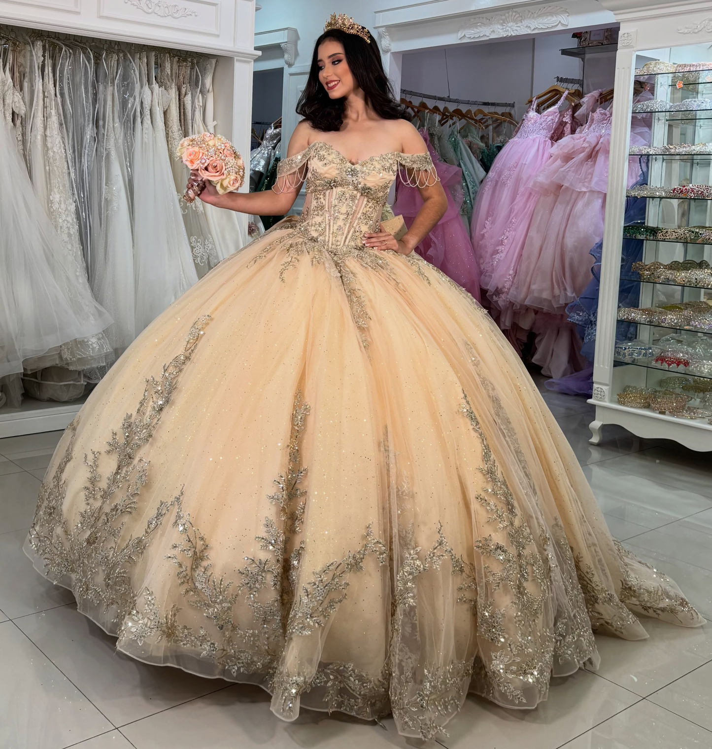 Vestidos de quinceañera con hombros descubiertos, tul princesa, apliques, vestidos de quinceañera HE530