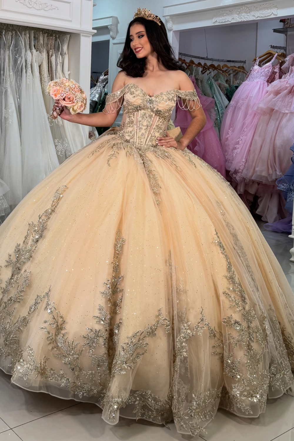 Vestidos de quinceañera con hombros descubiertos, tul princesa, apliques, vestidos de quinceañera HE530