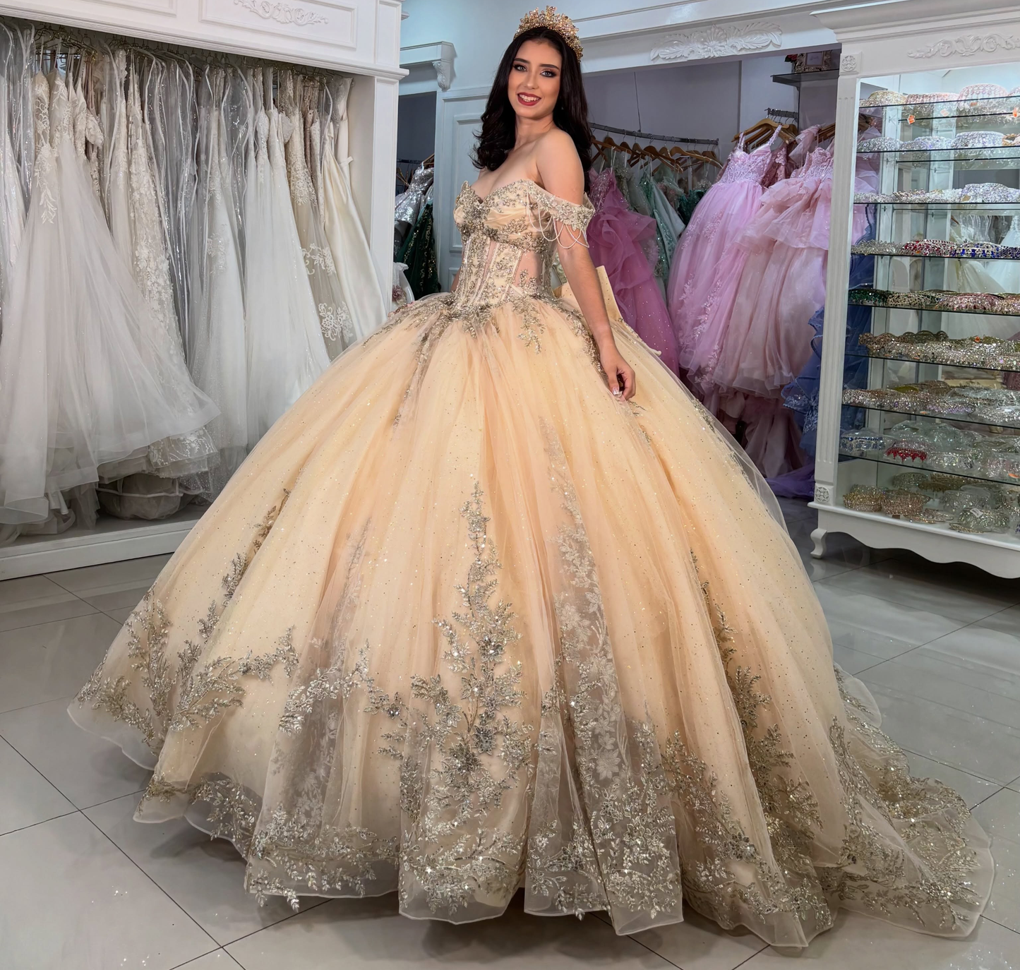 Vestidos de quinceañera con hombros descubiertos, tul princesa, apliques, vestidos de quinceañera HE530