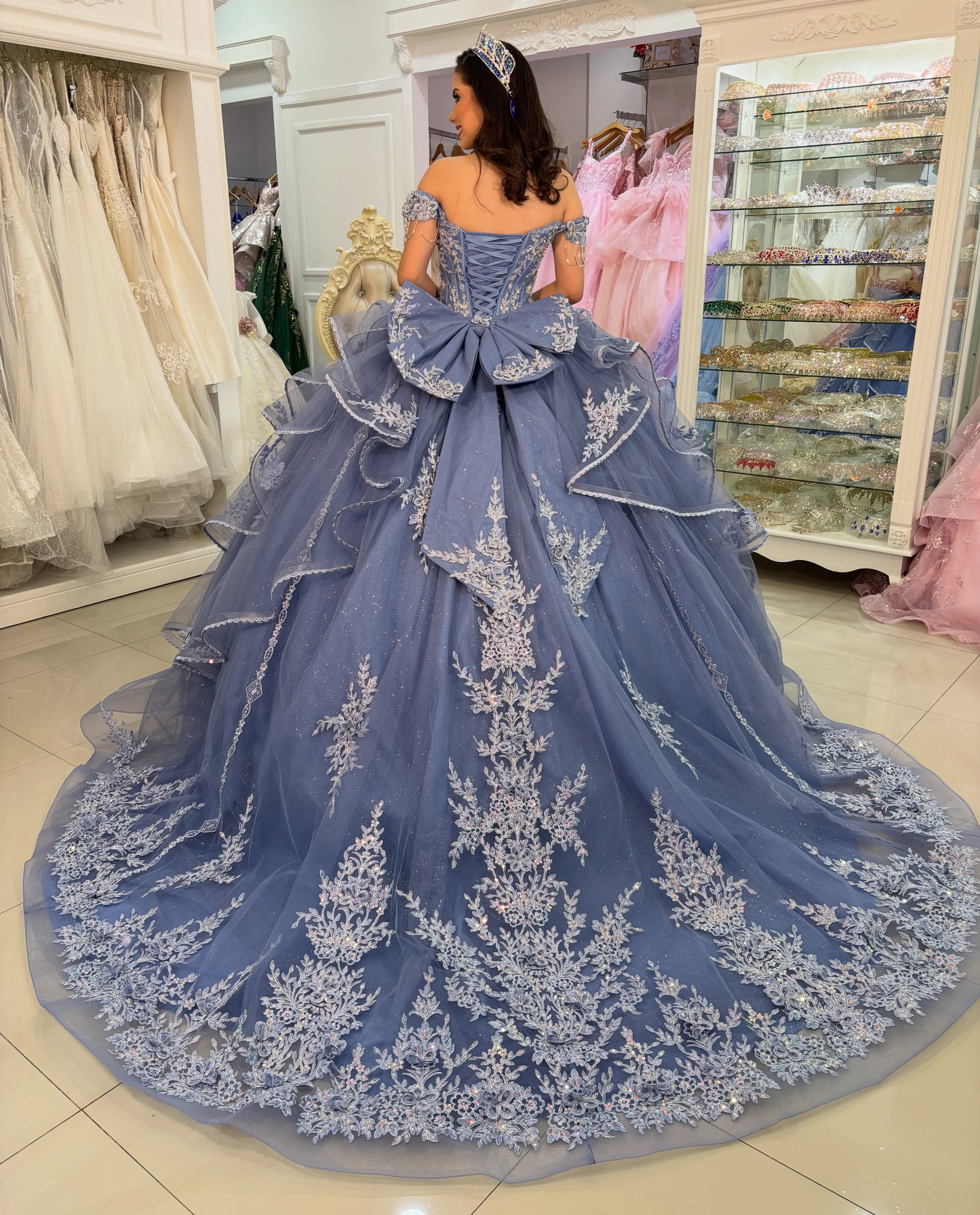 Off Shoulder Blue Quinceanera Dresses Lace Appliqued Tulle Sweet 16 Birthday Dress HE1829