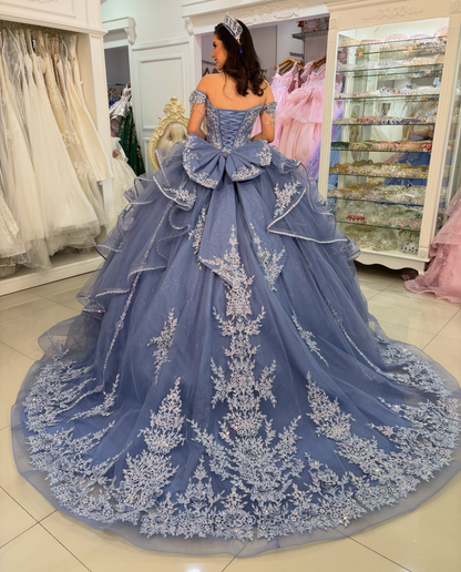Off Shoulder Blue Quinceanera Dresses Lace Appliqued Tulle Sweet 16 Birthday Dress HE1829