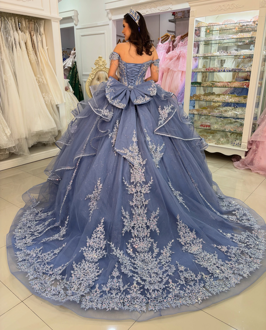 Off Shoulder Blue Quinceanera Dresses Lace Appliqued Tulle Sweet 16 Birthday Dress HE1829