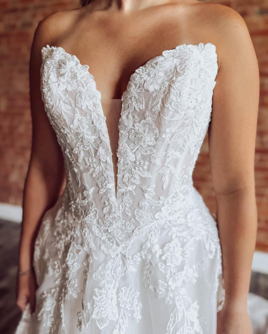 Sweetheart Boho Tulle Wedding Dresses A Line Lace Appliqued Wedding Gowns for Bride HE1880