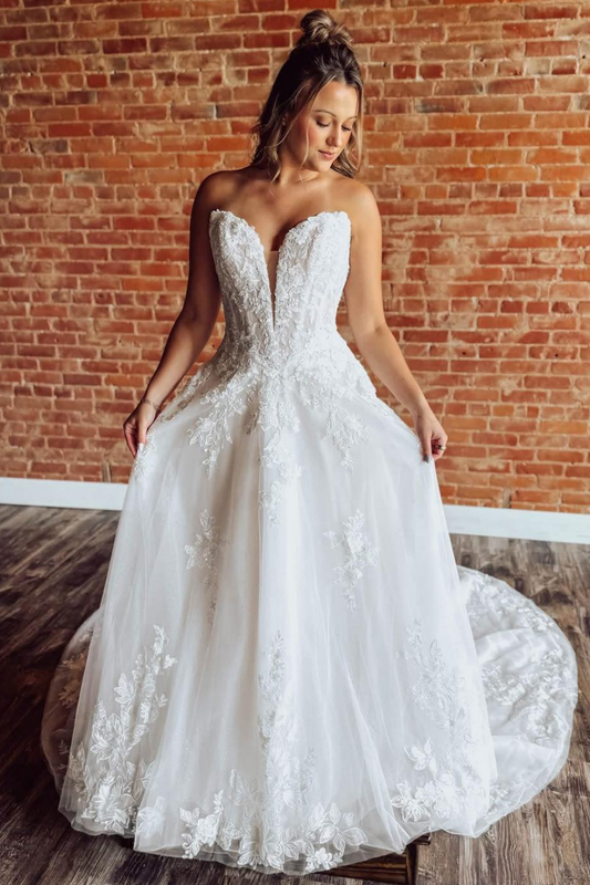 Sweetheart Boho Tulle Wedding Dresses A Line Lace Appliqued Wedding Gowns for Bride HE1880