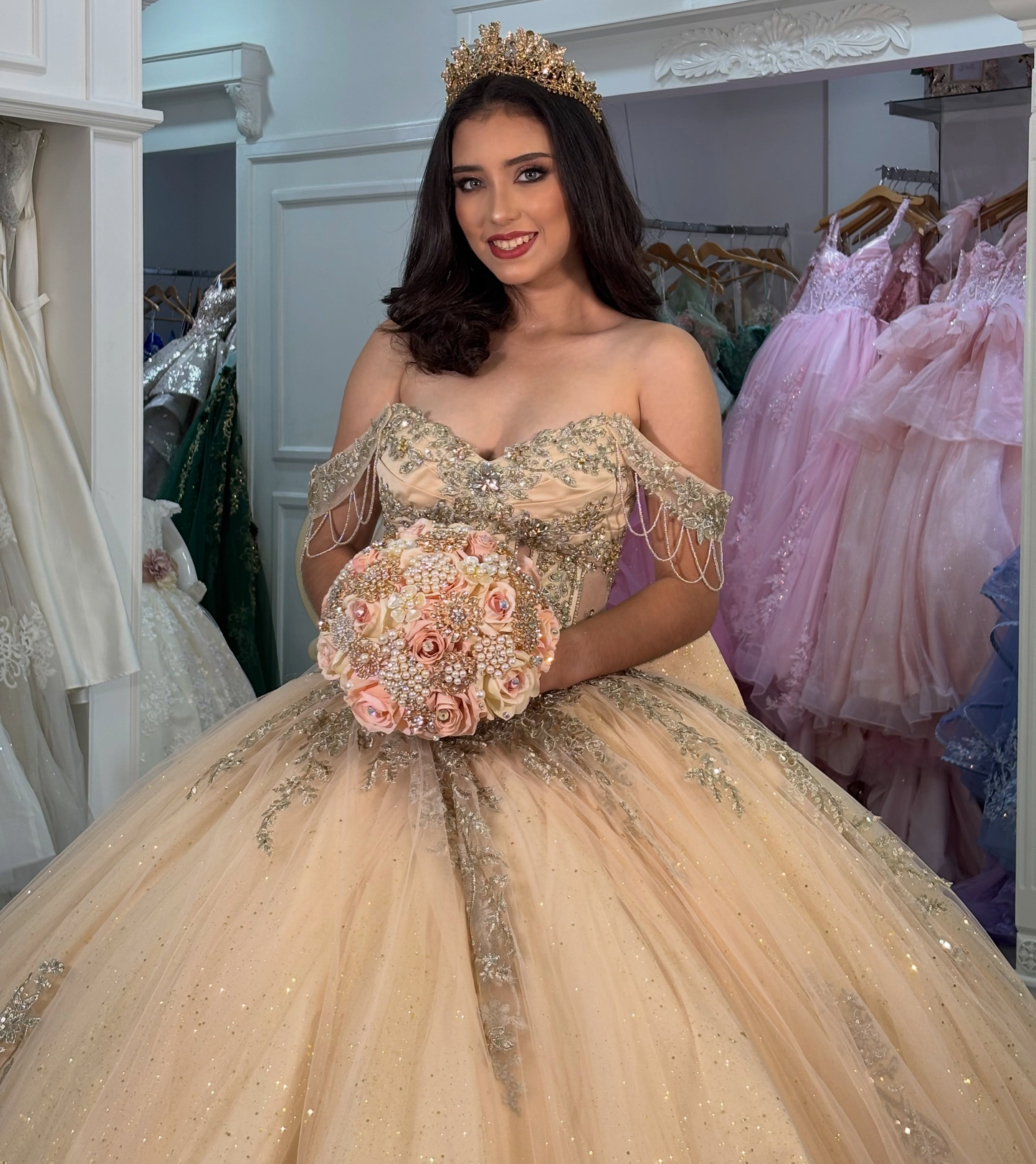 Vestidos de quinceañera con hombros descubiertos, tul princesa, apliques, vestidos de quinceañera HE530